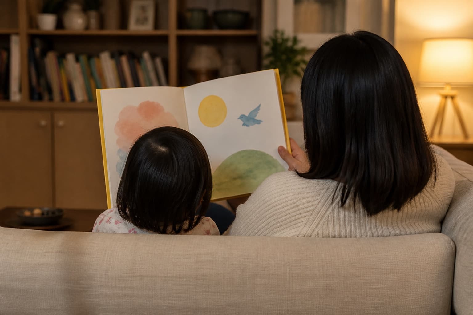 A parent and child sharing a bilingual picture book at home.