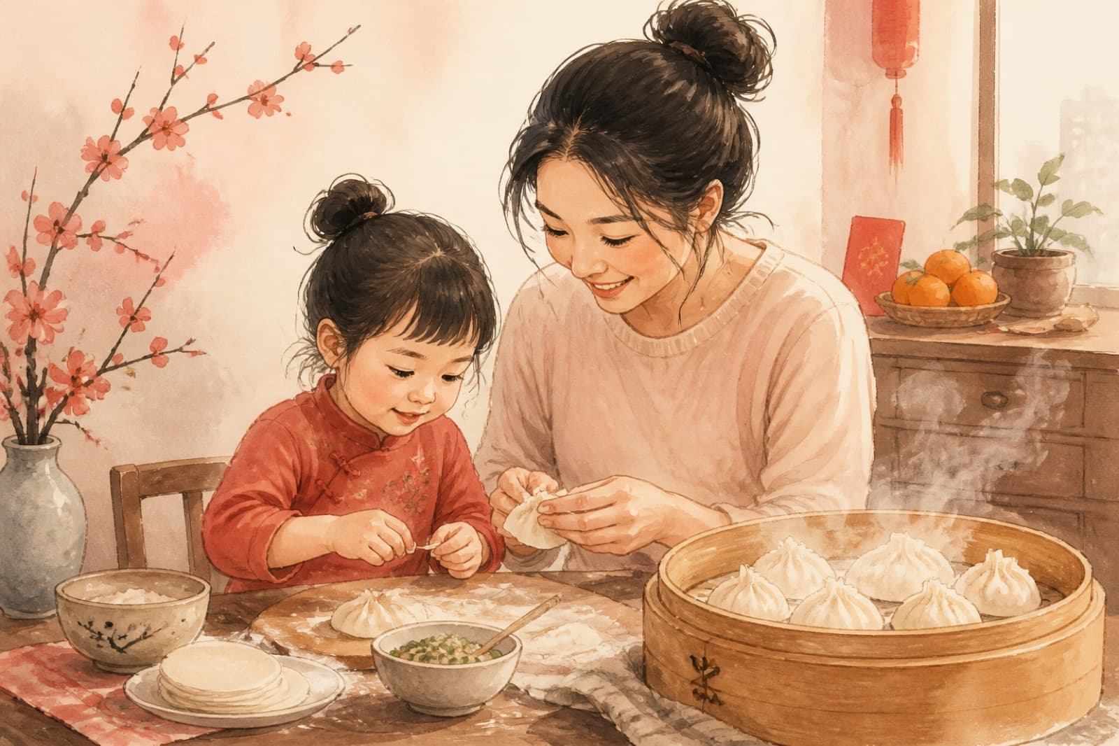 Illustration of a Chinese American parent and young child folding dumplings at a kitchen table with a bamboo steamer, red lantern, and Lunar New Year oranges nearby