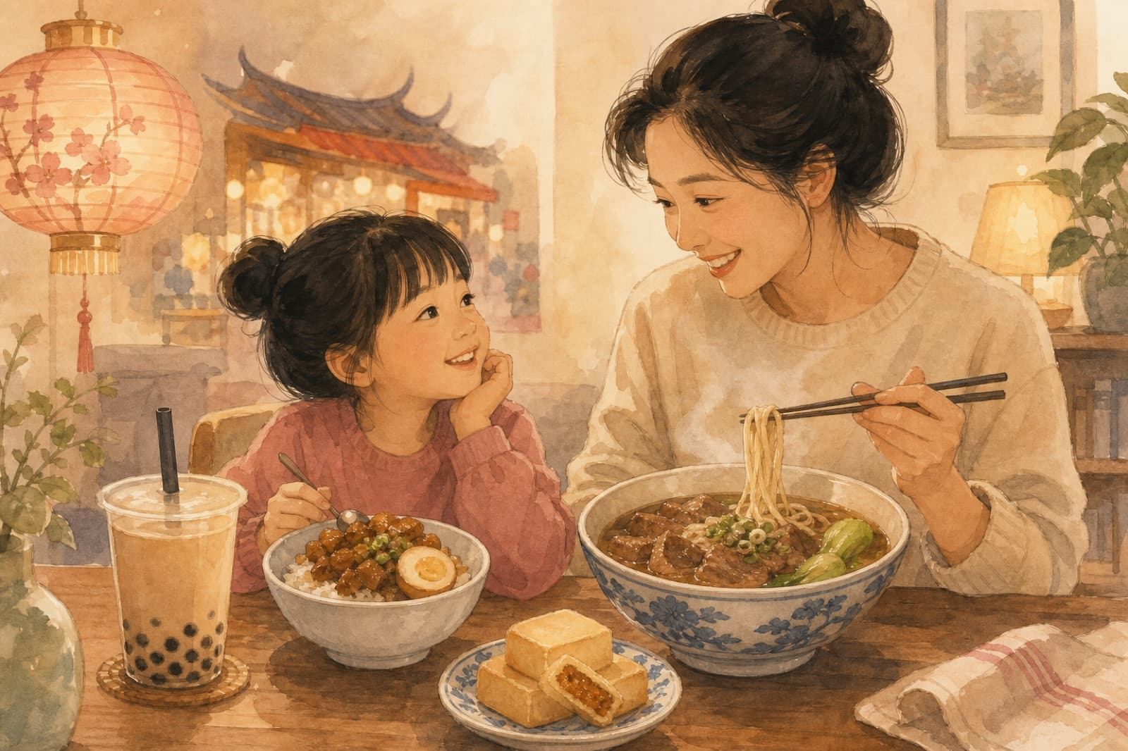 Illustration of a Taiwanese American parent and child sharing beef noodle soup, lu rou fan, pineapple cake, and bubble tea at a warmly lit kitchen table