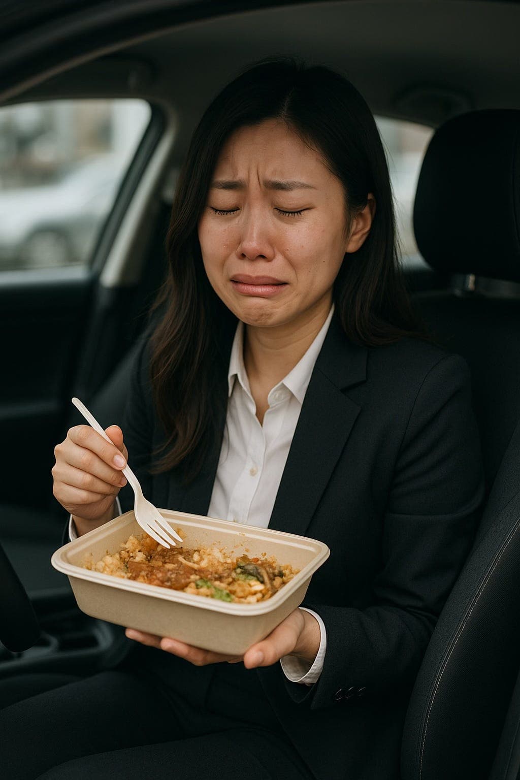 Woman in a car crying while holding a takeout container