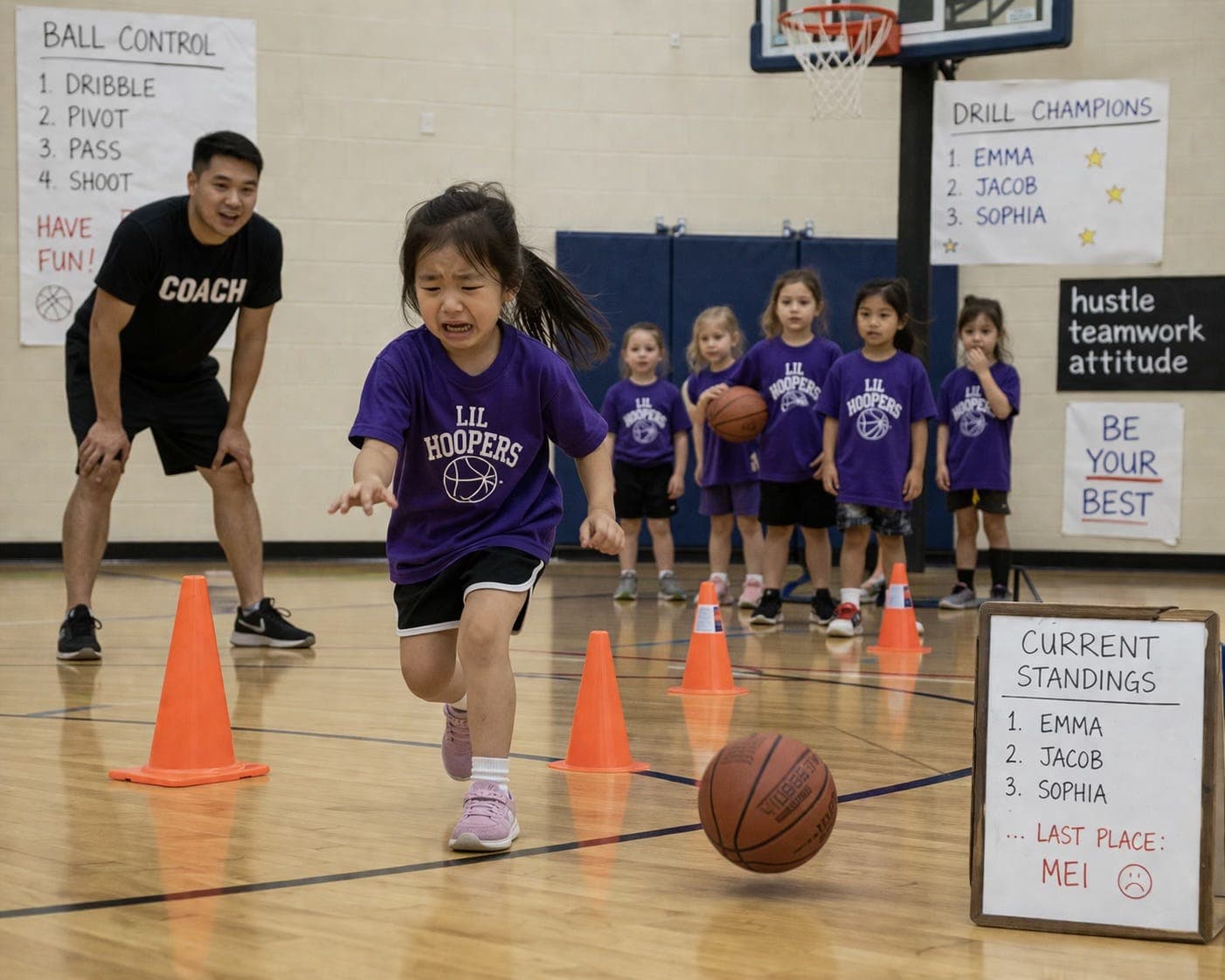 Young girl in a basketball gym looking distressed during a drill