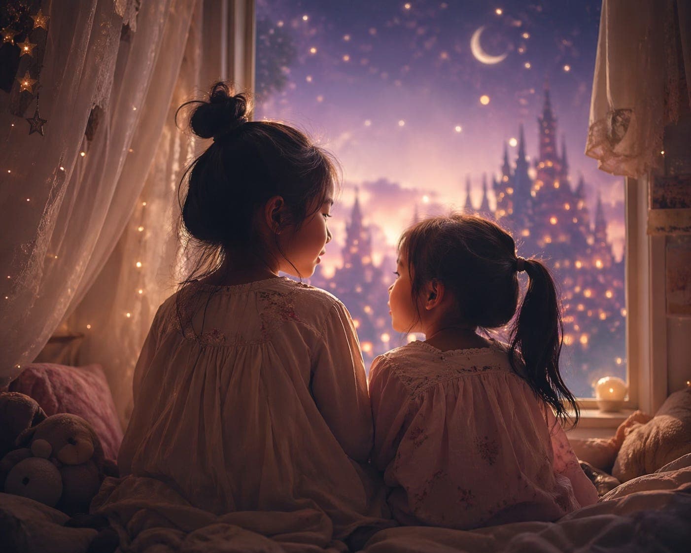 Two sisters in nightgowns looking out a window at a glowing castle city