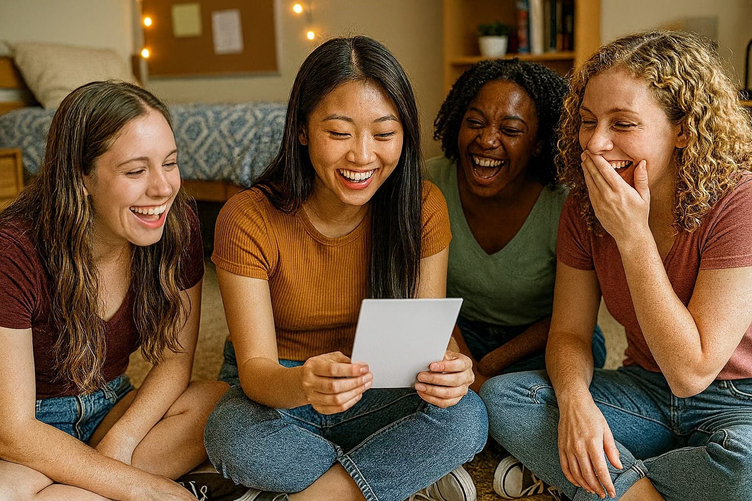 Four college friends sitting on a dorm-room floor looking at a photograph