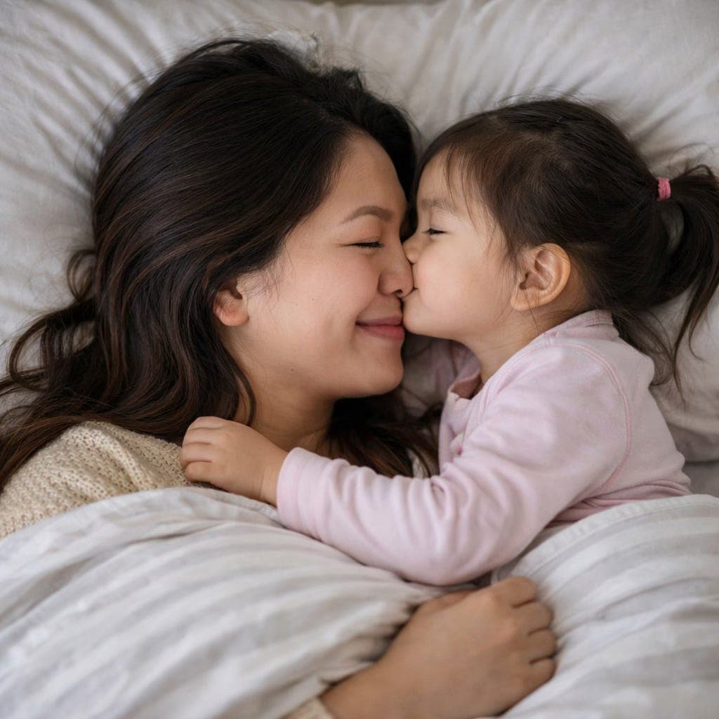 Mother and young daughter in bed, the child kissing her on the nose