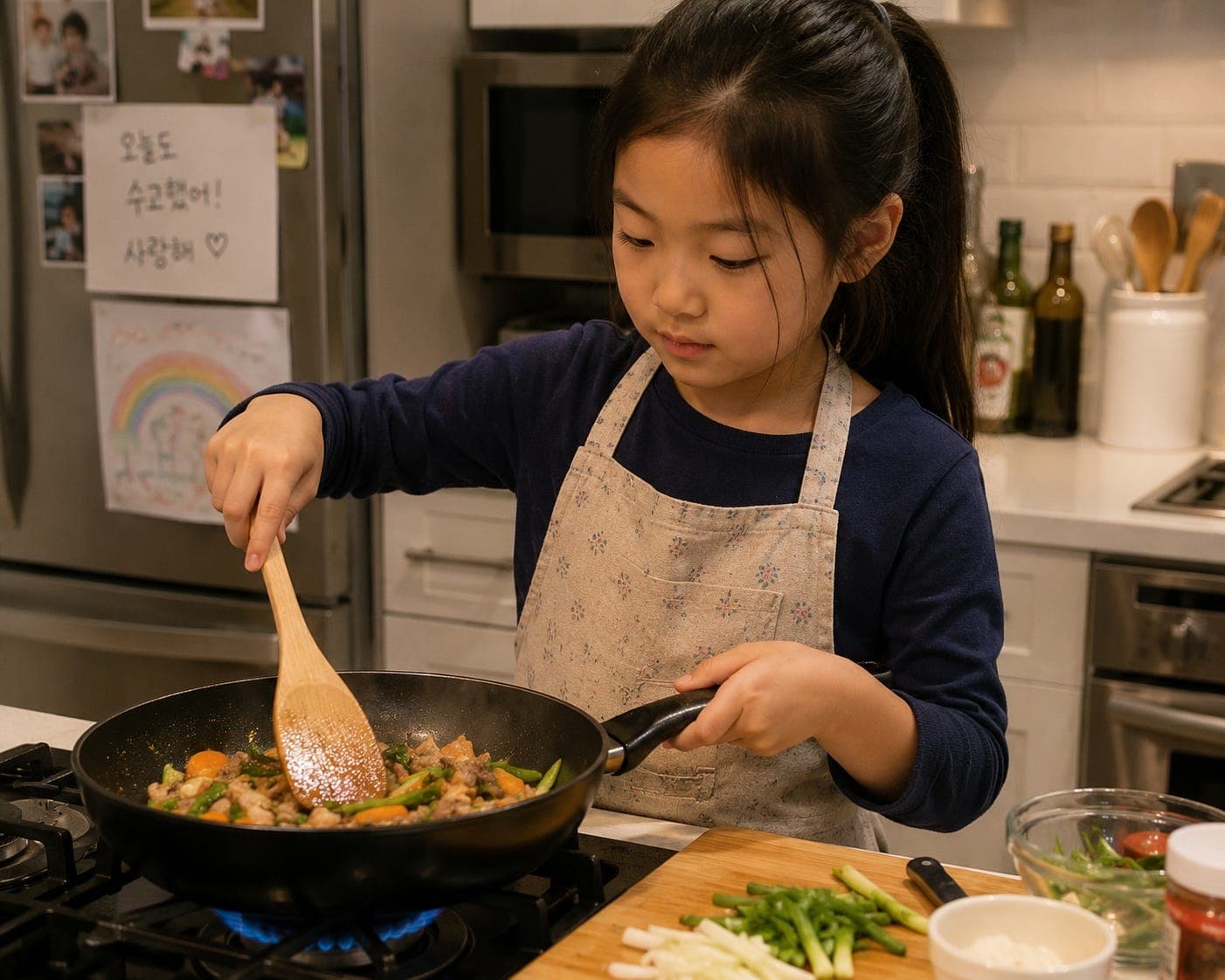 Young girl cooking a stir-fry at a home stove, Korean note on the fridge