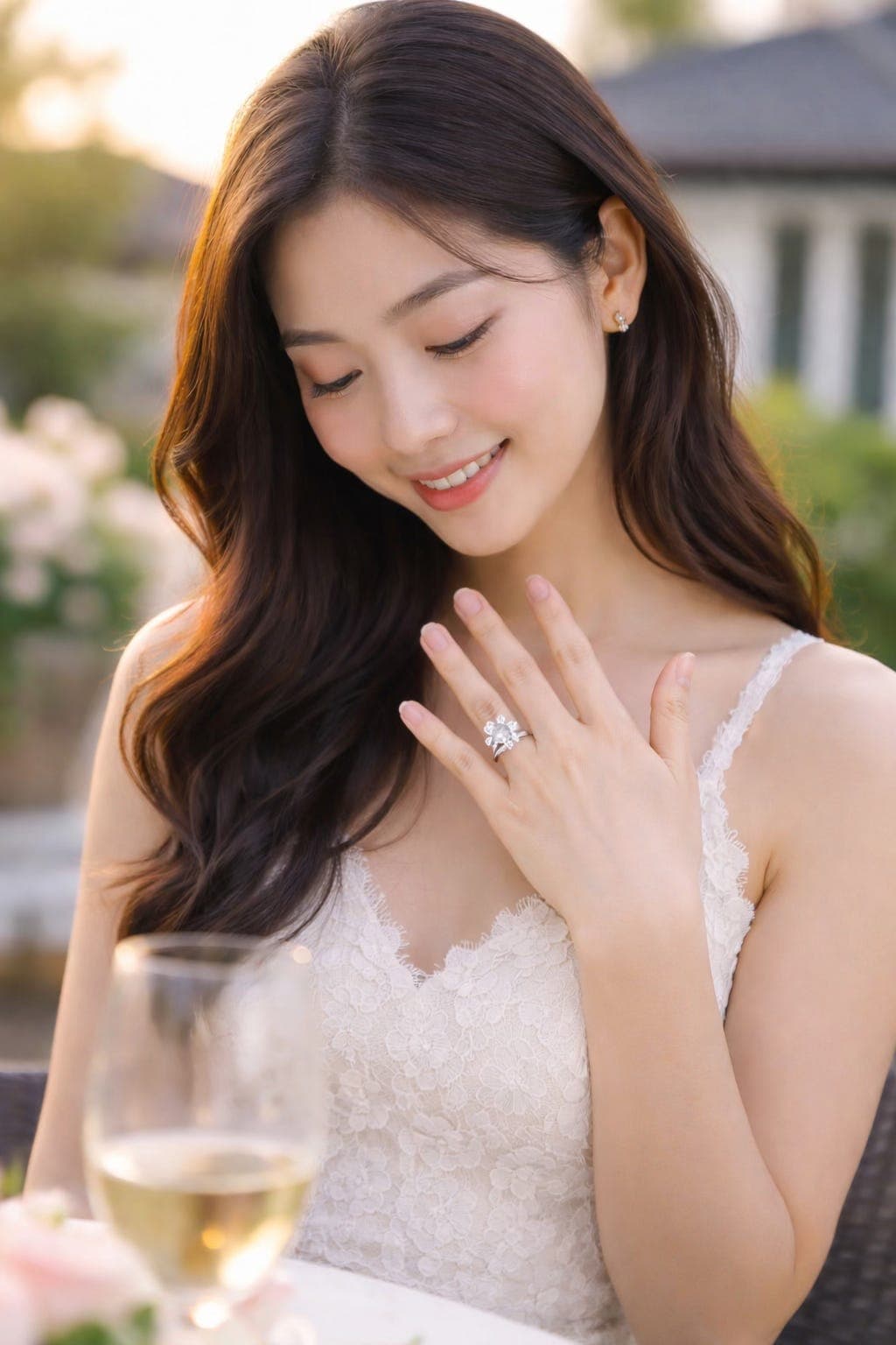 Woman in a white lace top looking at a diamond ring in warm evening light