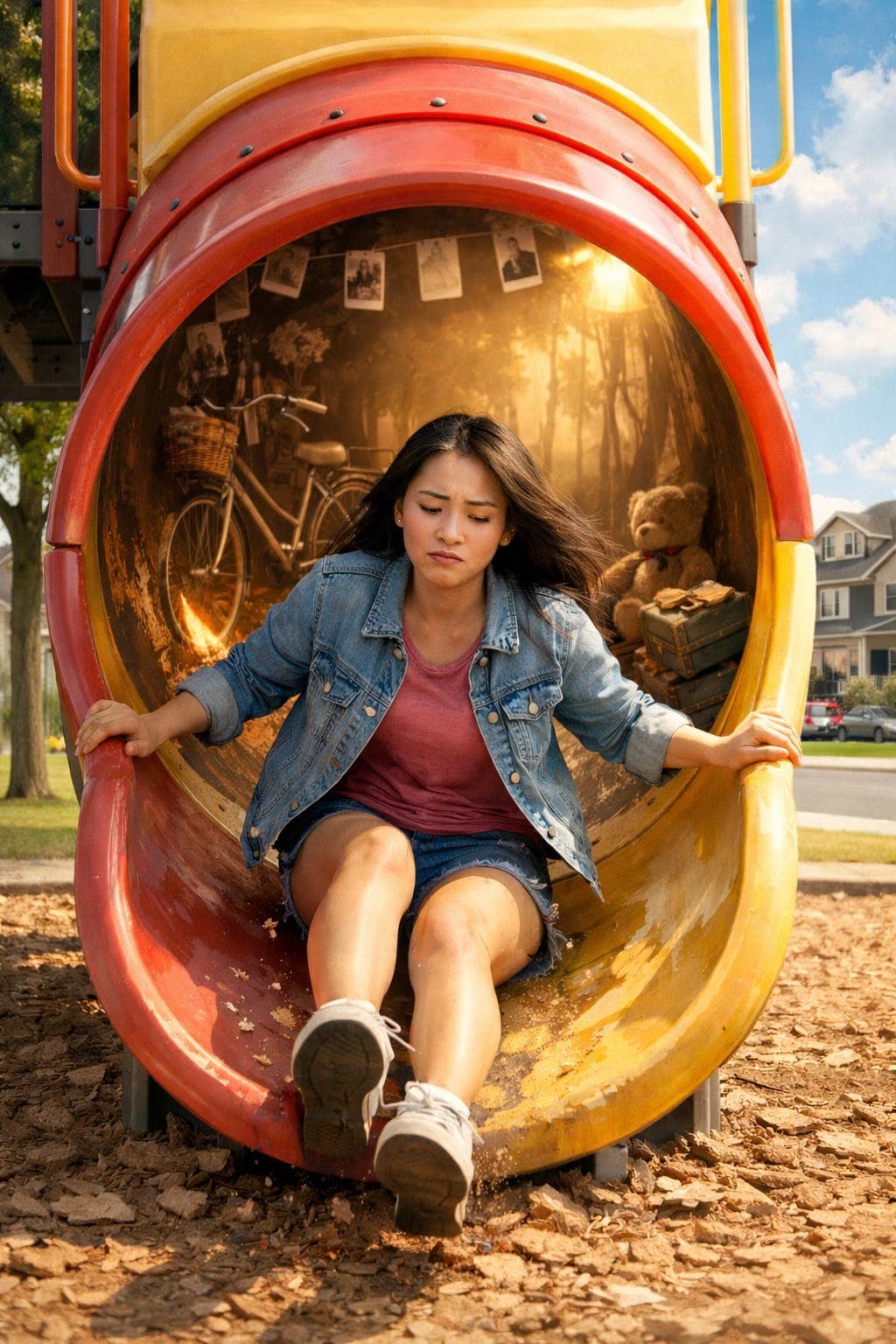 Teenager sliding out of a playground tube into a sunlit neighborhood