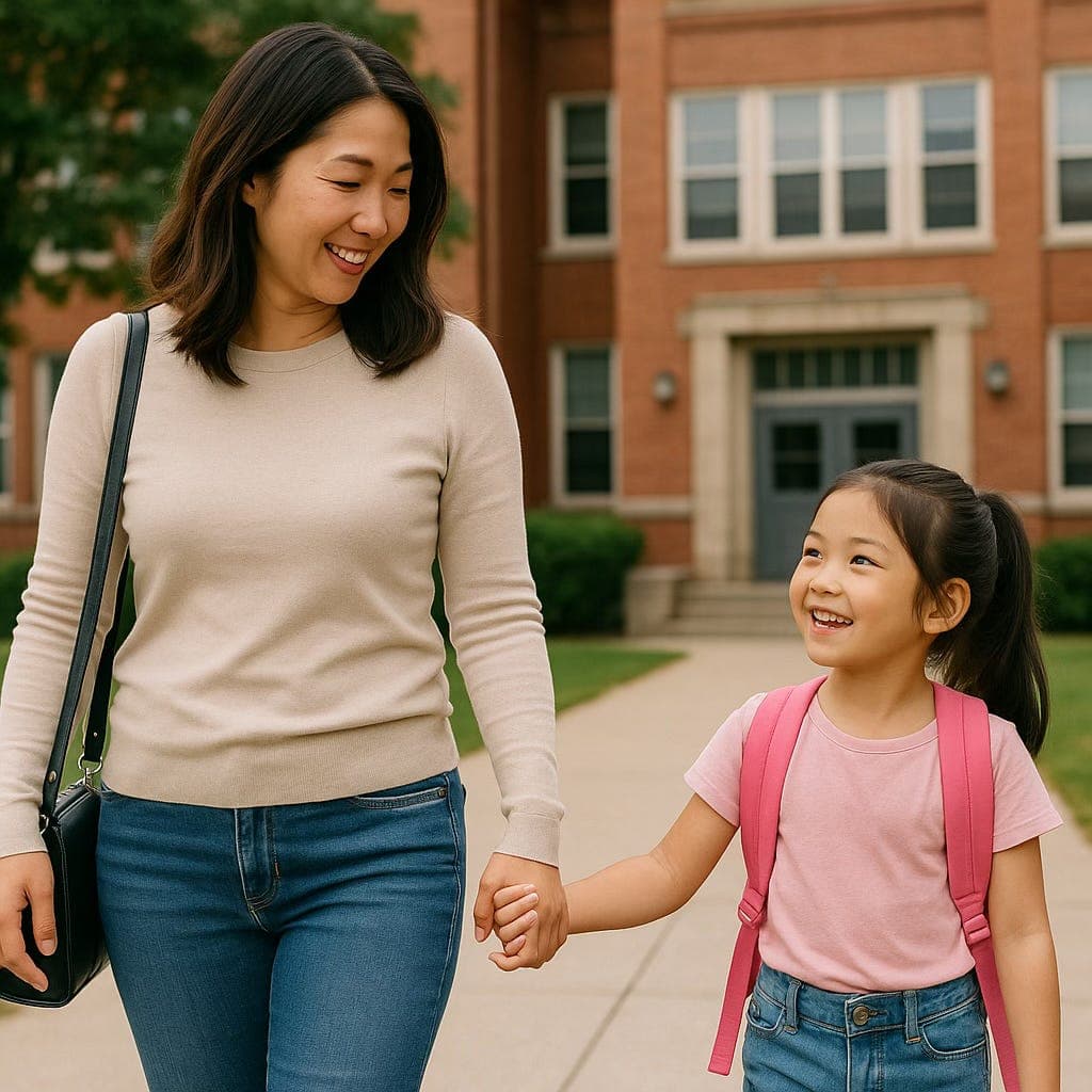 Mother and daughter holding hands on a walk toward a school building