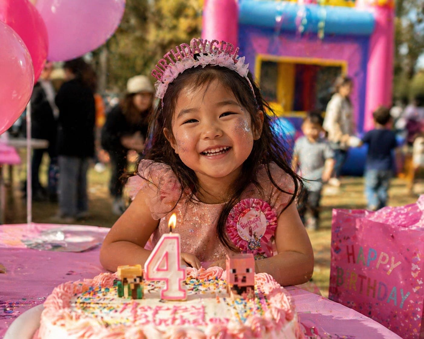 Young girl at an outdoor birthday party with a number-4 cake