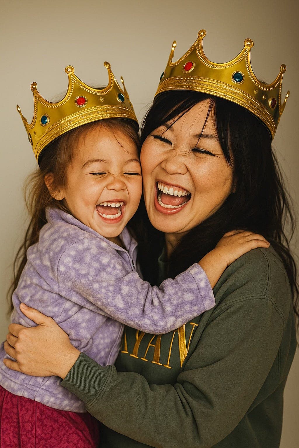 Mother and young daughter laughing together in matching gold toy crowns