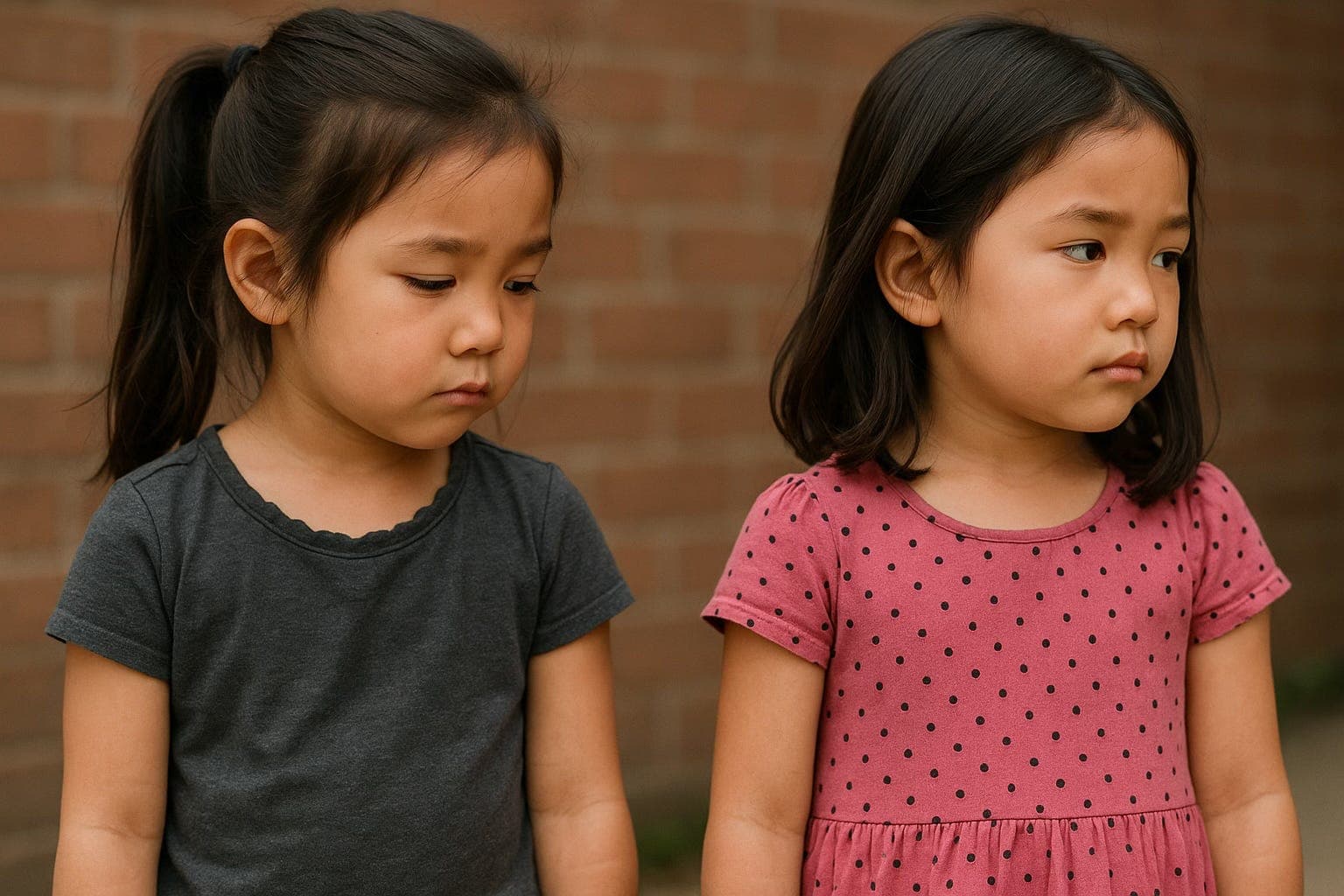 Two young girls standing side by side with somber expressions