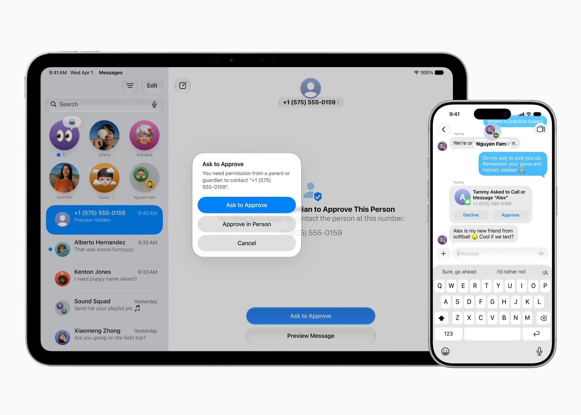Apple Newsroom screenshot of Ask to Approve contact prompts on iPad and iPhone for a child’s Messages request