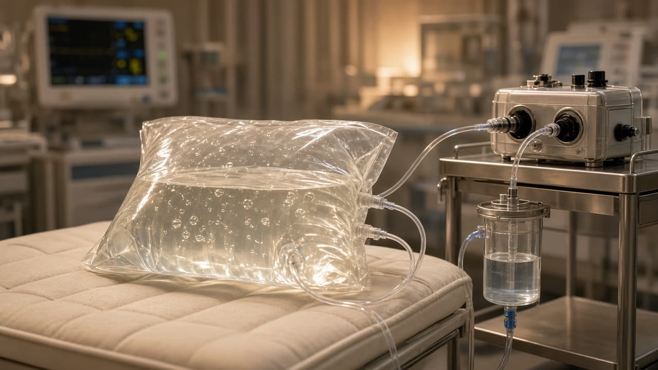Illustration of a sealed fluid bag connected by clear tubes to an oxygenator in a neonatal intensive care room