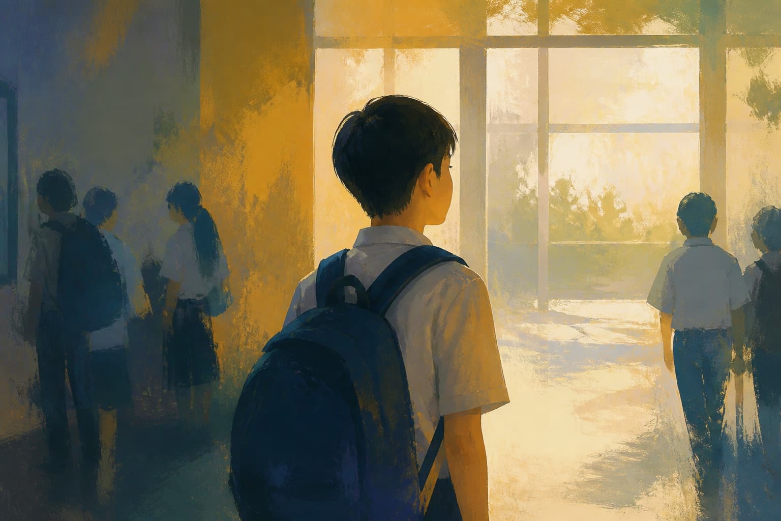 Painterly illustration of an East Asian child in a school hallway looking toward bright light ahead.