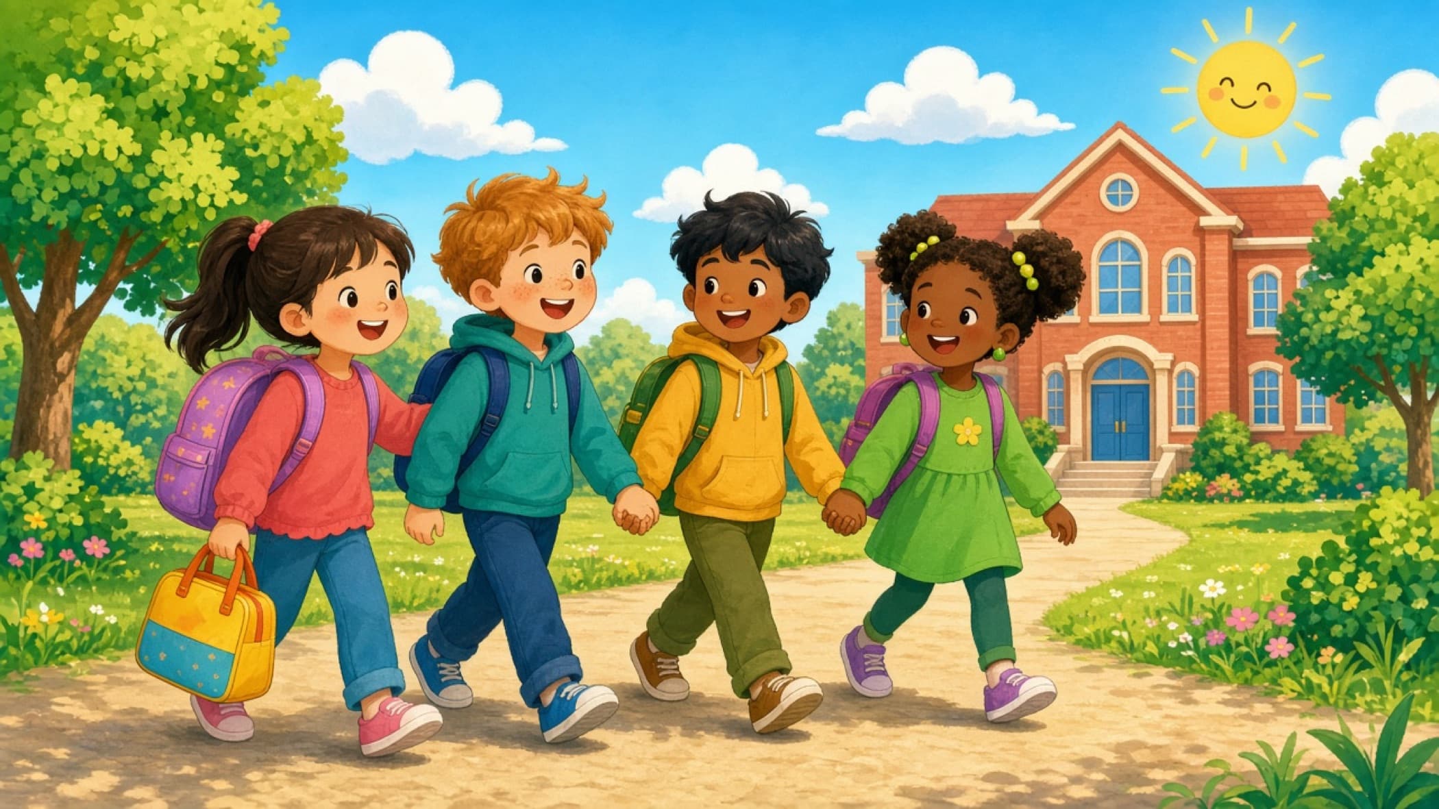 Cartoon of four smiling schoolchildren walking together toward a brick school on a sunny morning, one carrying a bright lunch bag