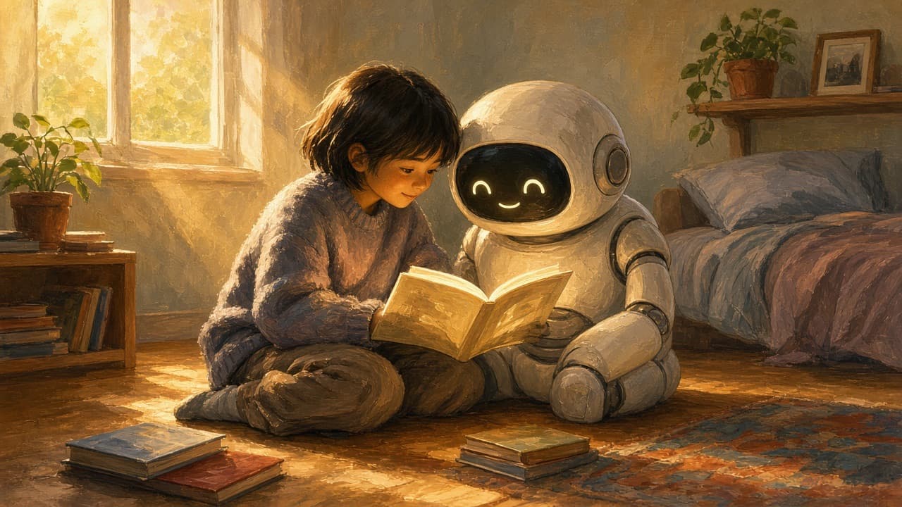 Illustration of a dark-haired child sitting on the floor reading with a small smiling robot
