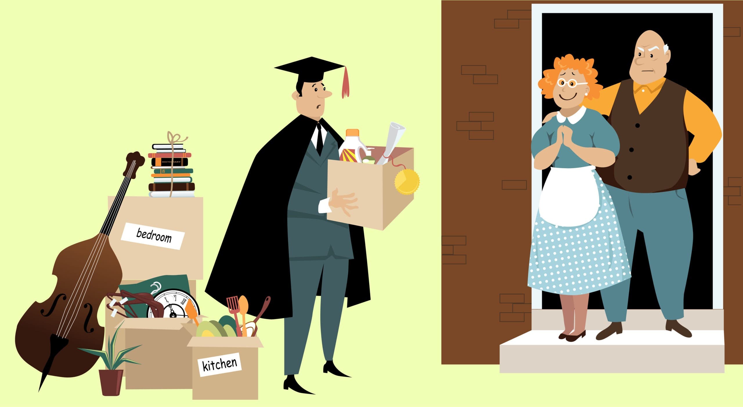 Clever illustration of a worried graduate returning to his parents’ doorway with boxes labeled bedroom and kitchen