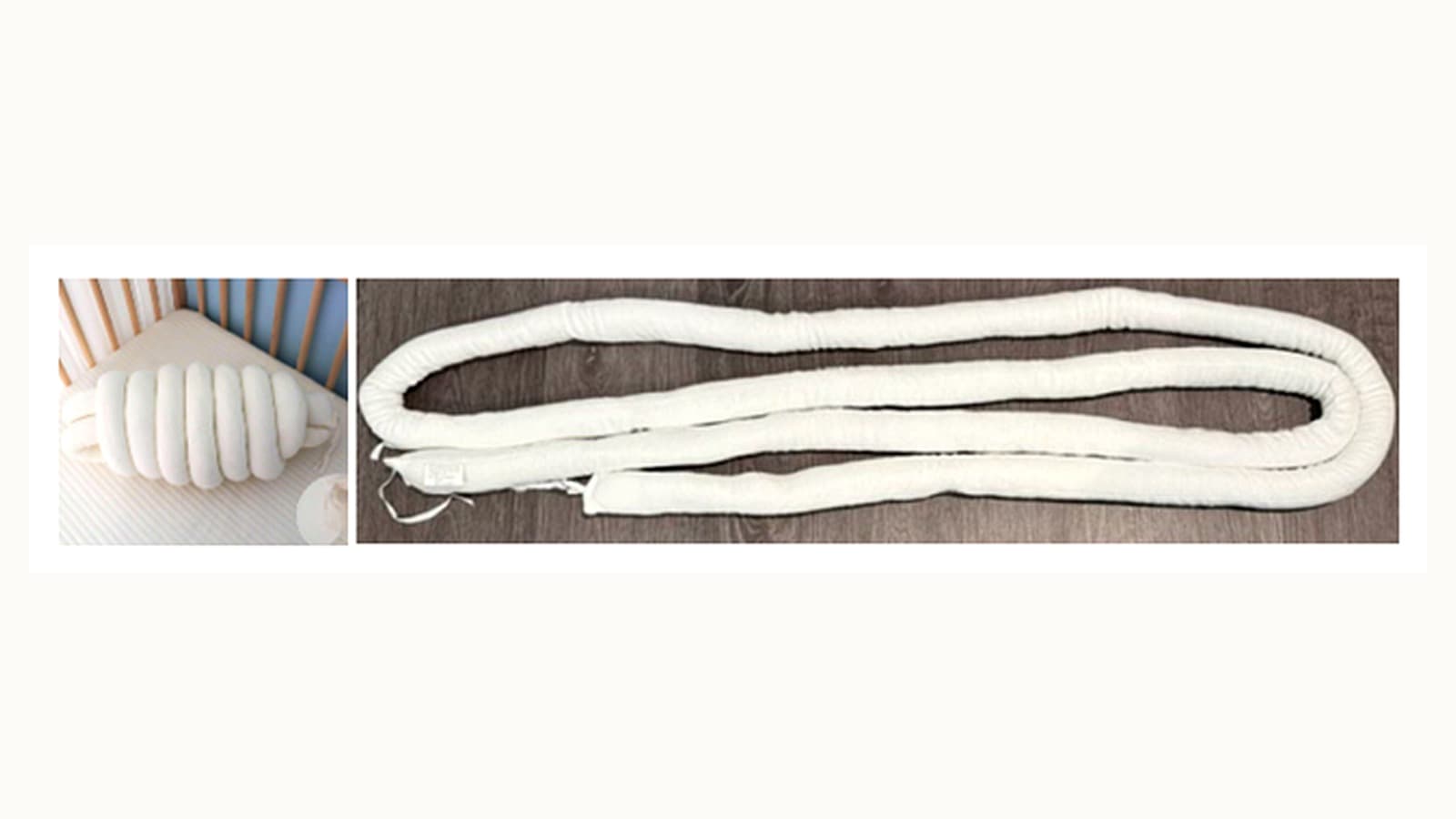 CPSC product warning photo of Budget Baby Boost padded crib bumpers shown in blue, gray, pink, and white