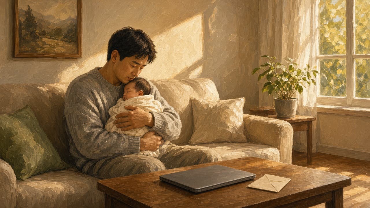 Illustration of a father in a gray sweater holding a sleeping newborn on a couch, with a closed laptop and an envelope on the table