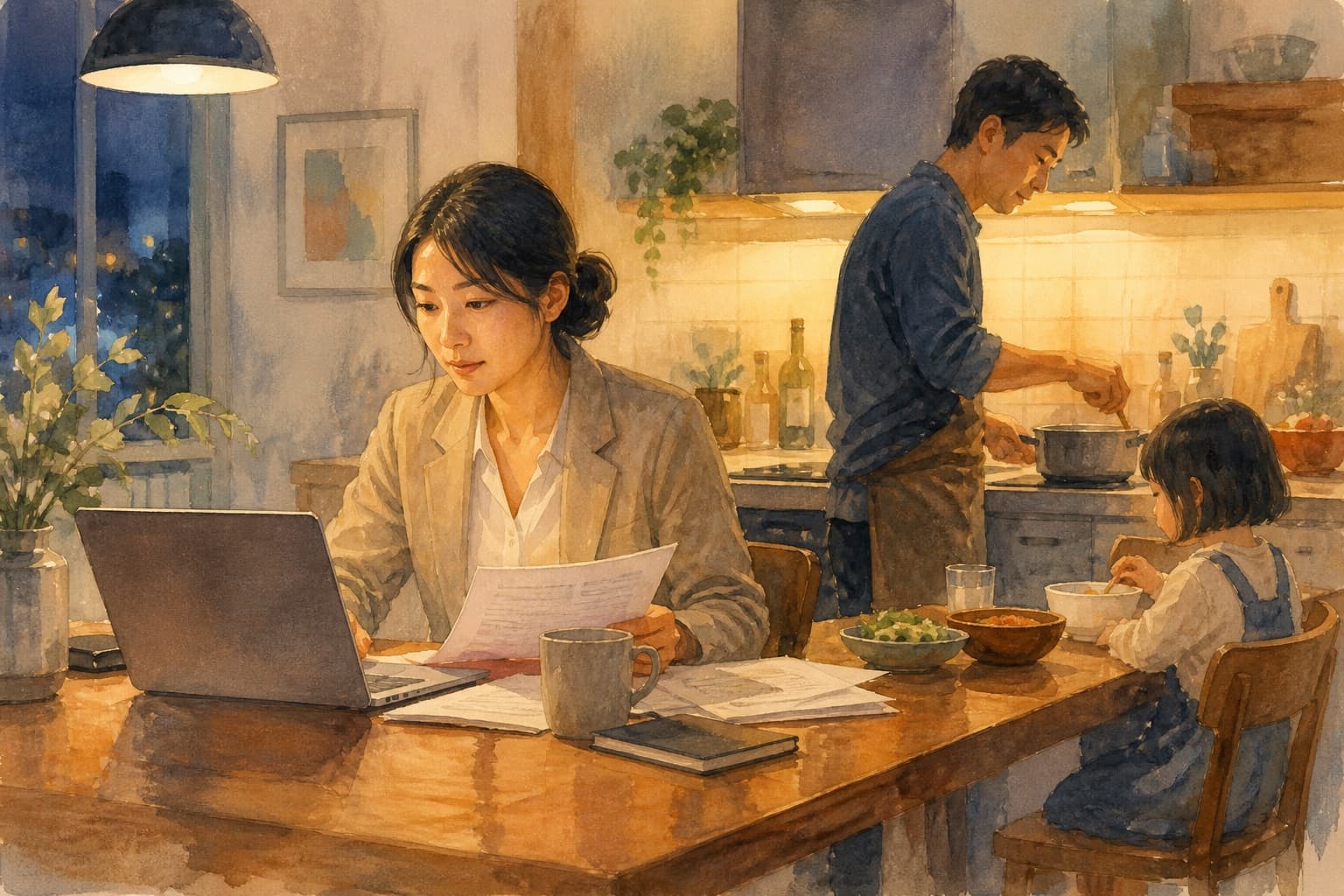 Painterly illustration of an East Asian woman working at a kitchen table laptop while her partner cooks dinner nearby with a child.