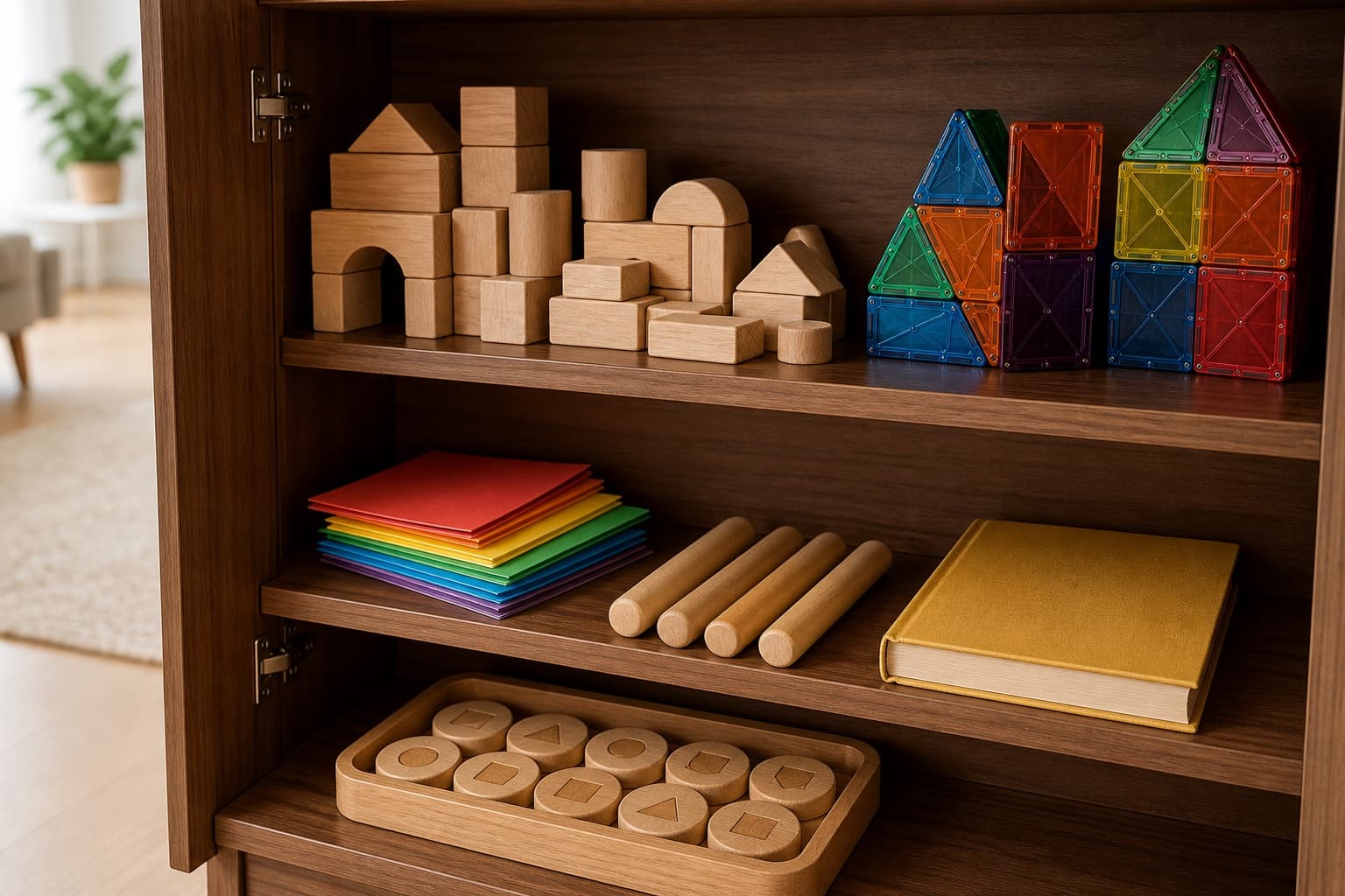 An organized walnut toy cabinet with wooden blocks, magnetic tiles, origami paper, and traditional game pieces in a grandparents’ home.