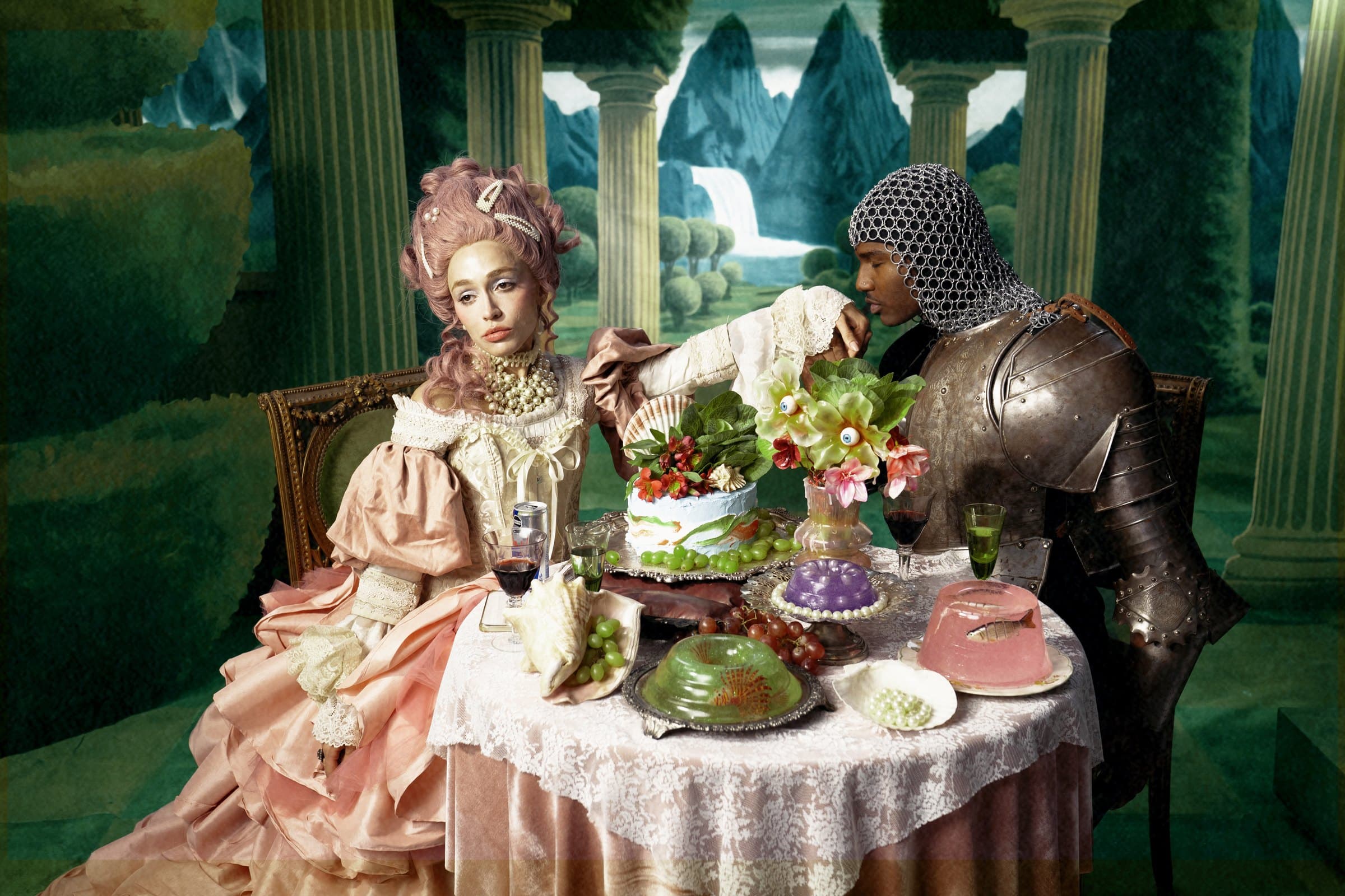 Surreal banquet scene of a woman in a powdered pink wig and a man in armor at a lace-covered table, from Hily's authenticity campaign
