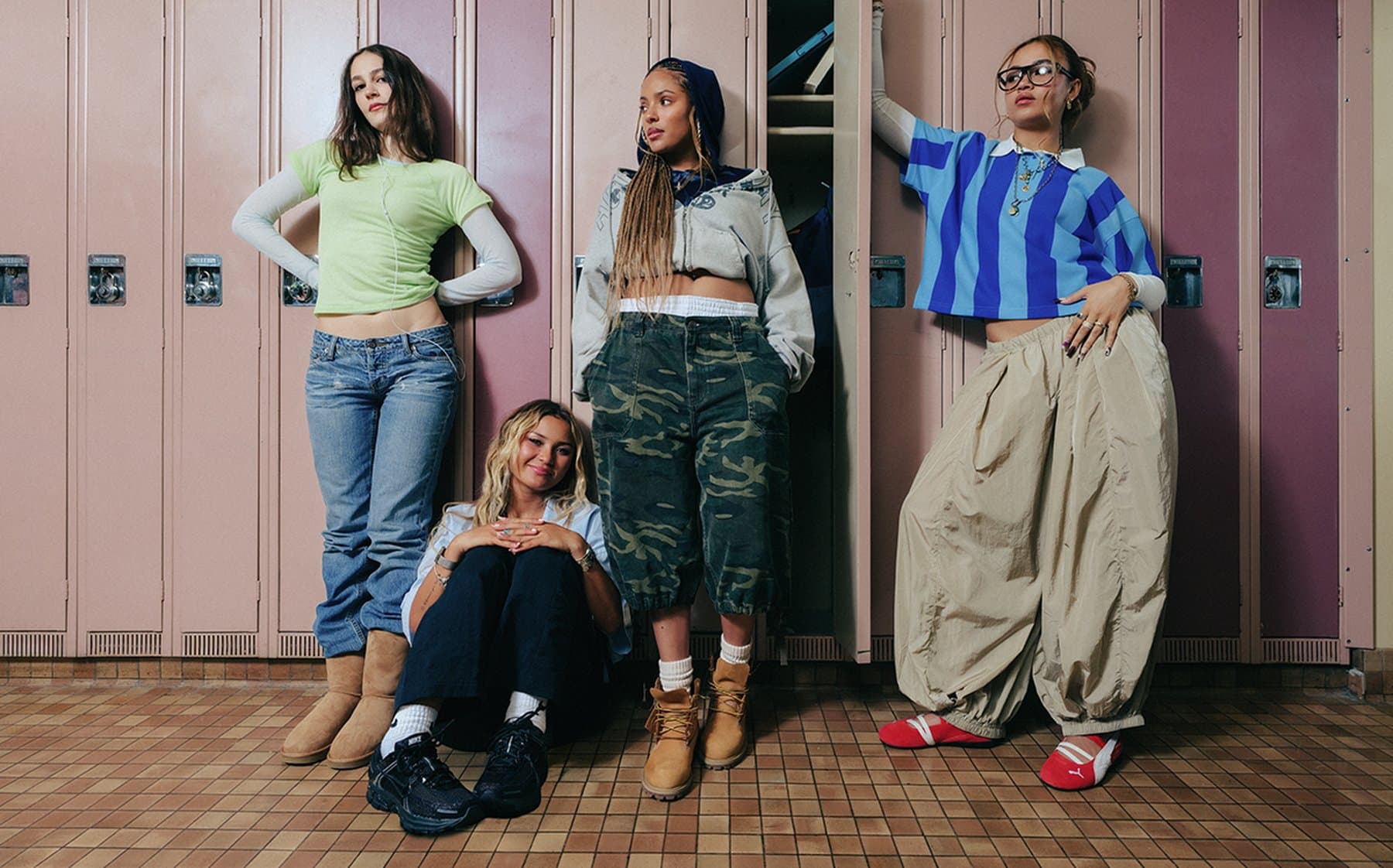 Journeys Turn It Up campaign cast posing by school lockers in distinctive streetwear and sneakers