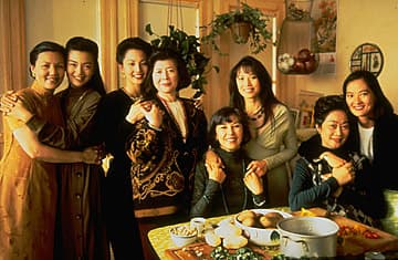 Promotional still from The Joy Luck Club (1993) featuring the cast of immigrant mothers and their American-born daughters