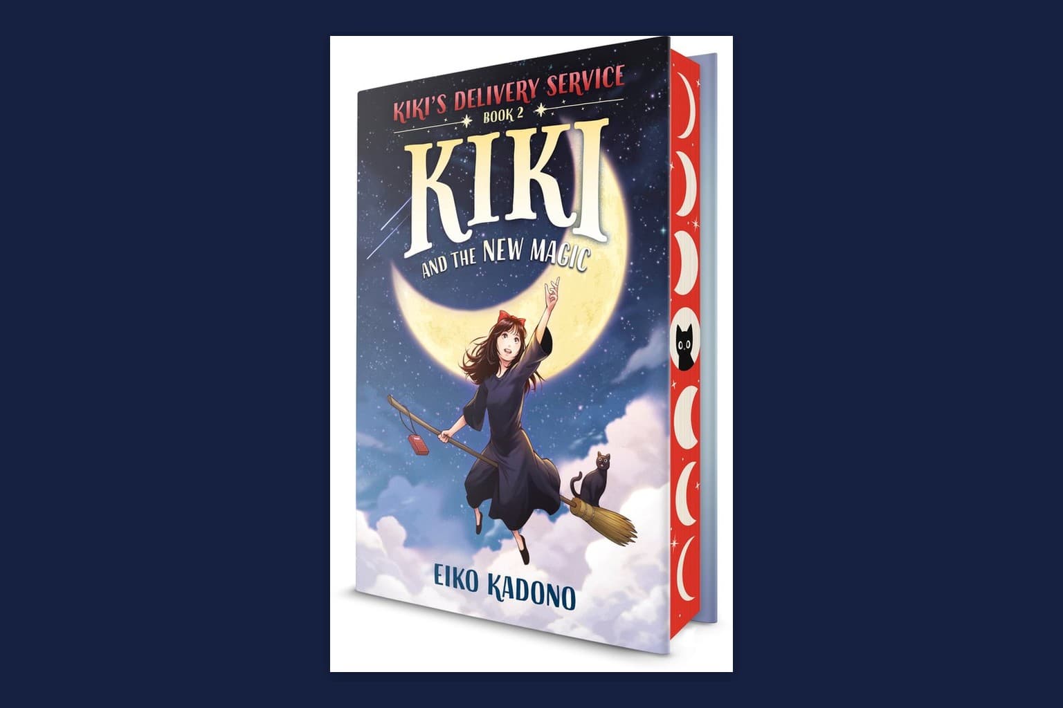 Cover of Kiki and the New Magic, showing Kiki and Jiji flying past a crescent moon on a broomstick.