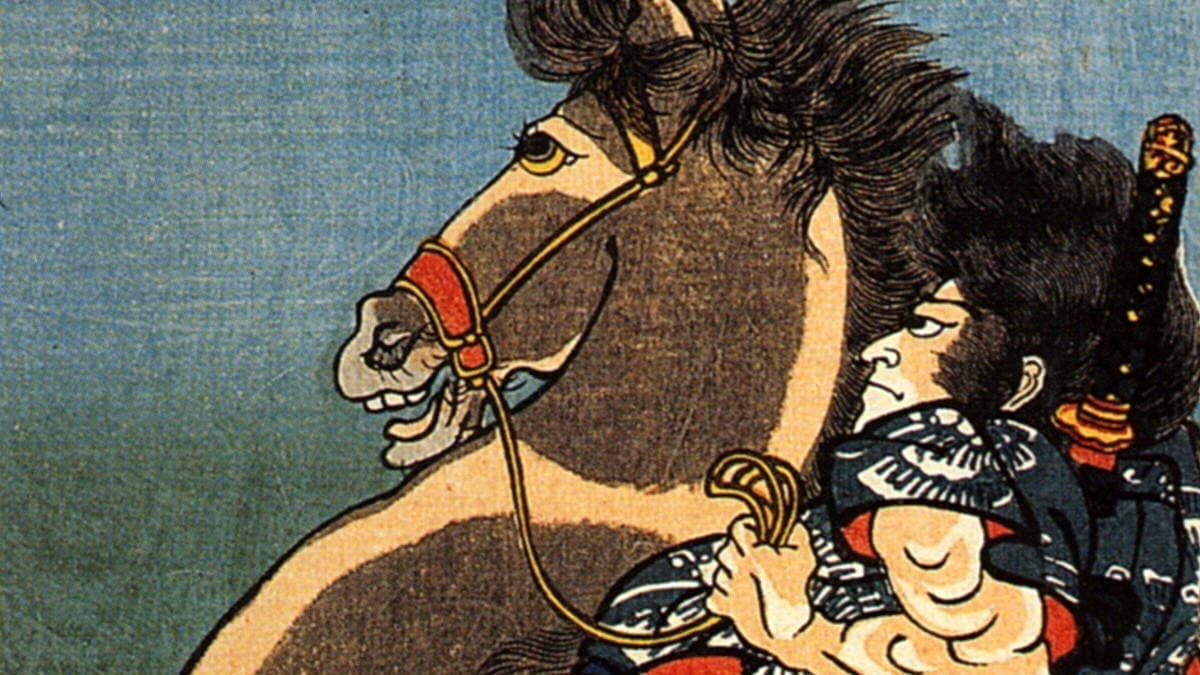 Woodblock print of a rearing horse and its rider, from Utagawa Kuniyoshi's series of the twelve zodiac animals