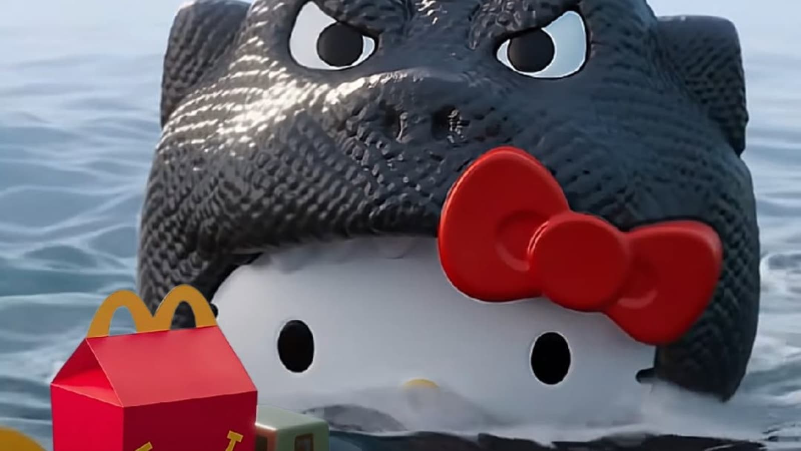 Promotional still of Hello Kitty rising from the ocean in a Godzilla-style hood beside a McDonald's Happy Meal box