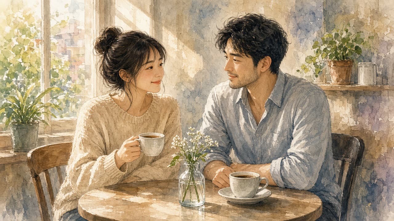 Painterly illustration of an East Asian couple sharing coffee at a sunlit cafe table on an ordinary morning.
