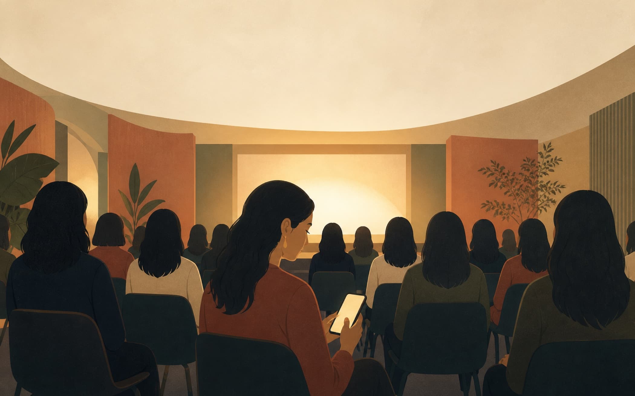 Illustration of rows of parents seated in a warmly lit seminar room facing a glowing screen, with one woman in the foreground holding a phone
