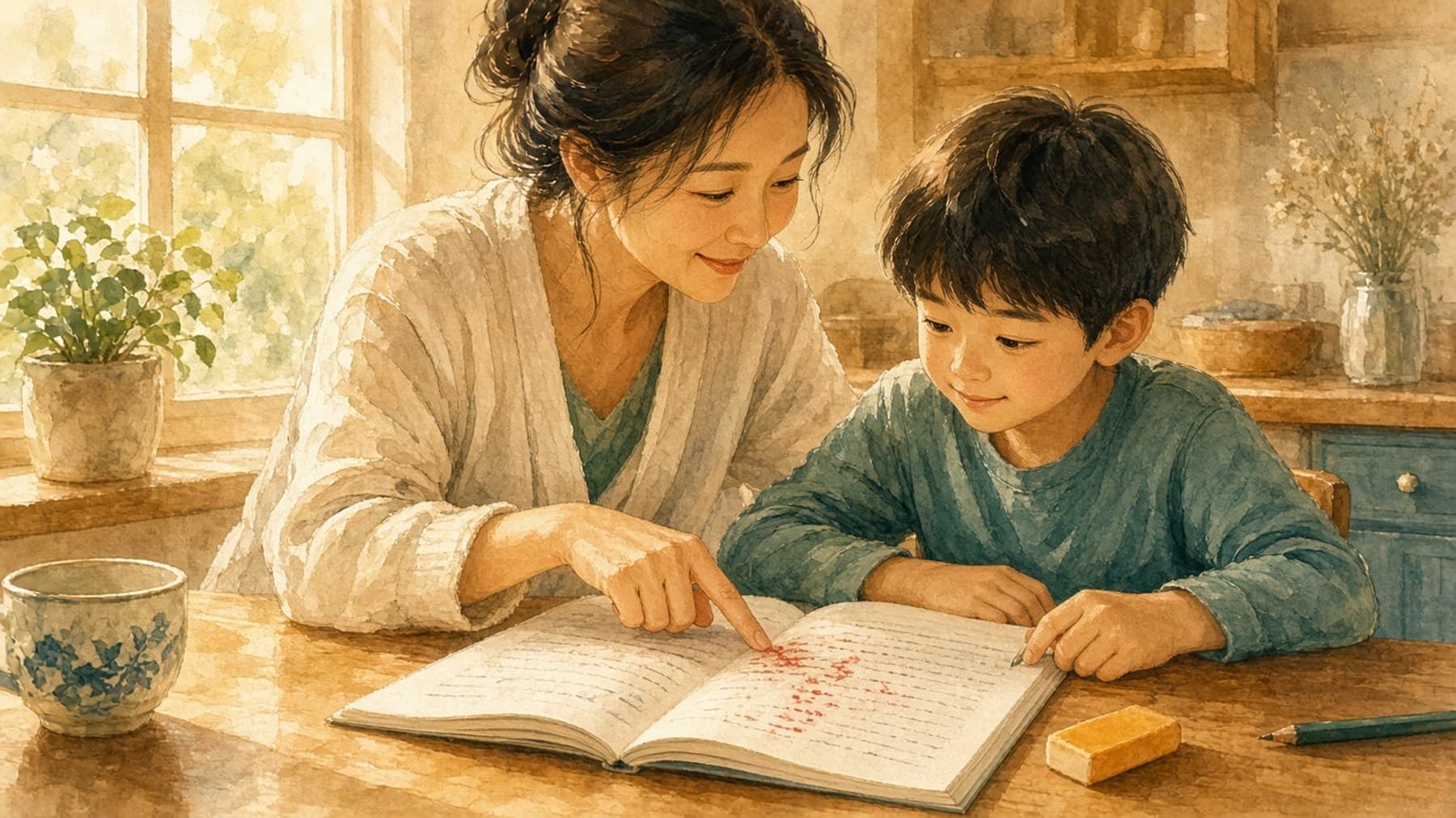 Painterly illustration of an East Asian mother calmly helping her child with homework that has a few red corrections on the page.
