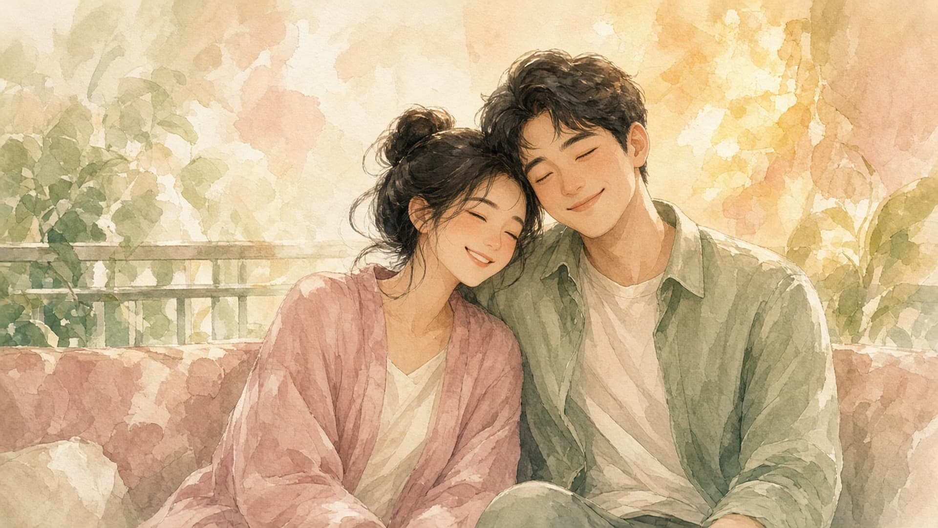 Abstract painterly illustration of a happy East Asian couple leaning into each other in soft golden light, calm and at ease.