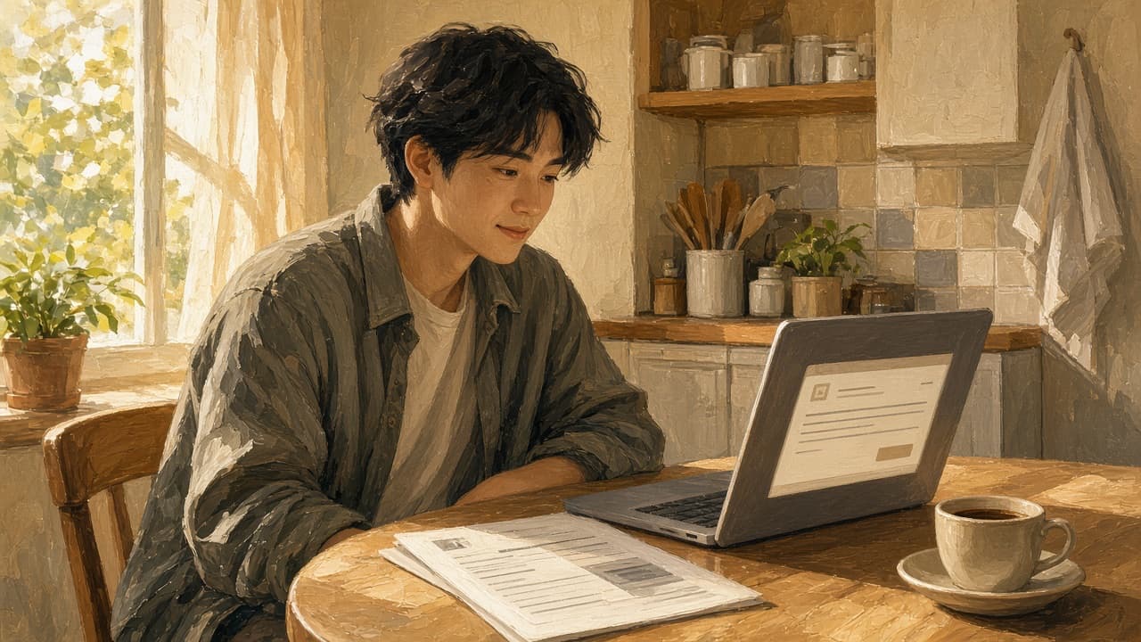 Painterly illustration of a young East Asian adult at a sunlit kitchen table with a laptop and resume papers