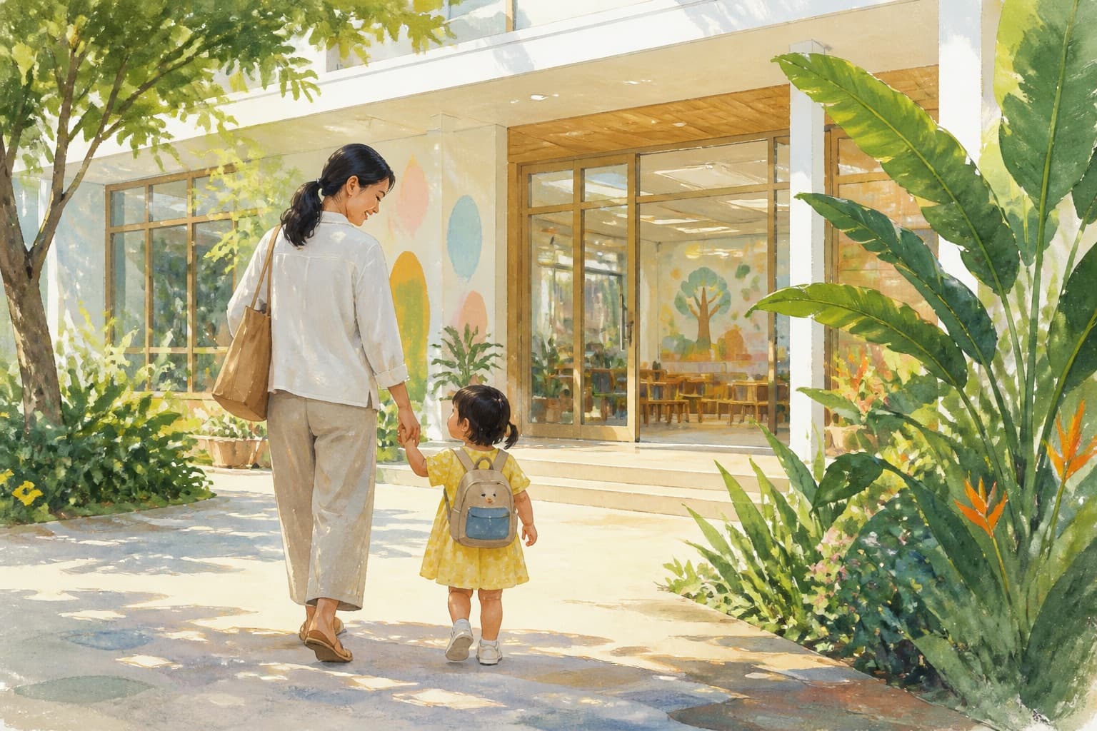 Painterly illustration of a Southeast Asian parent and toddler walking toward a bright preschool entrance in warm morning light.