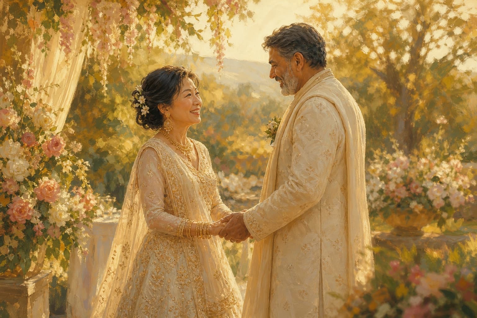 Painterly illustration of an East Asian bride and South Asian groom holding hands at a sunlit garden wedding.