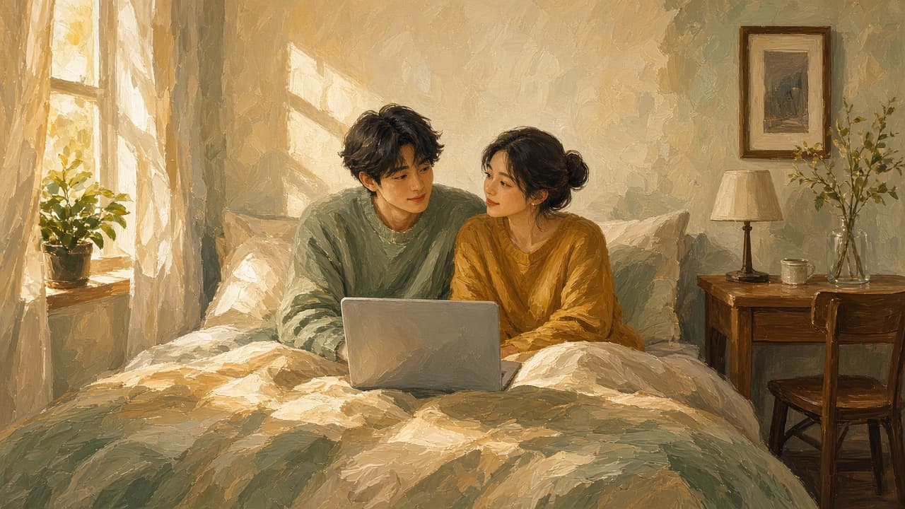Painterly illustration of an East Asian couple on a bed with a laptop, a small desk beside them