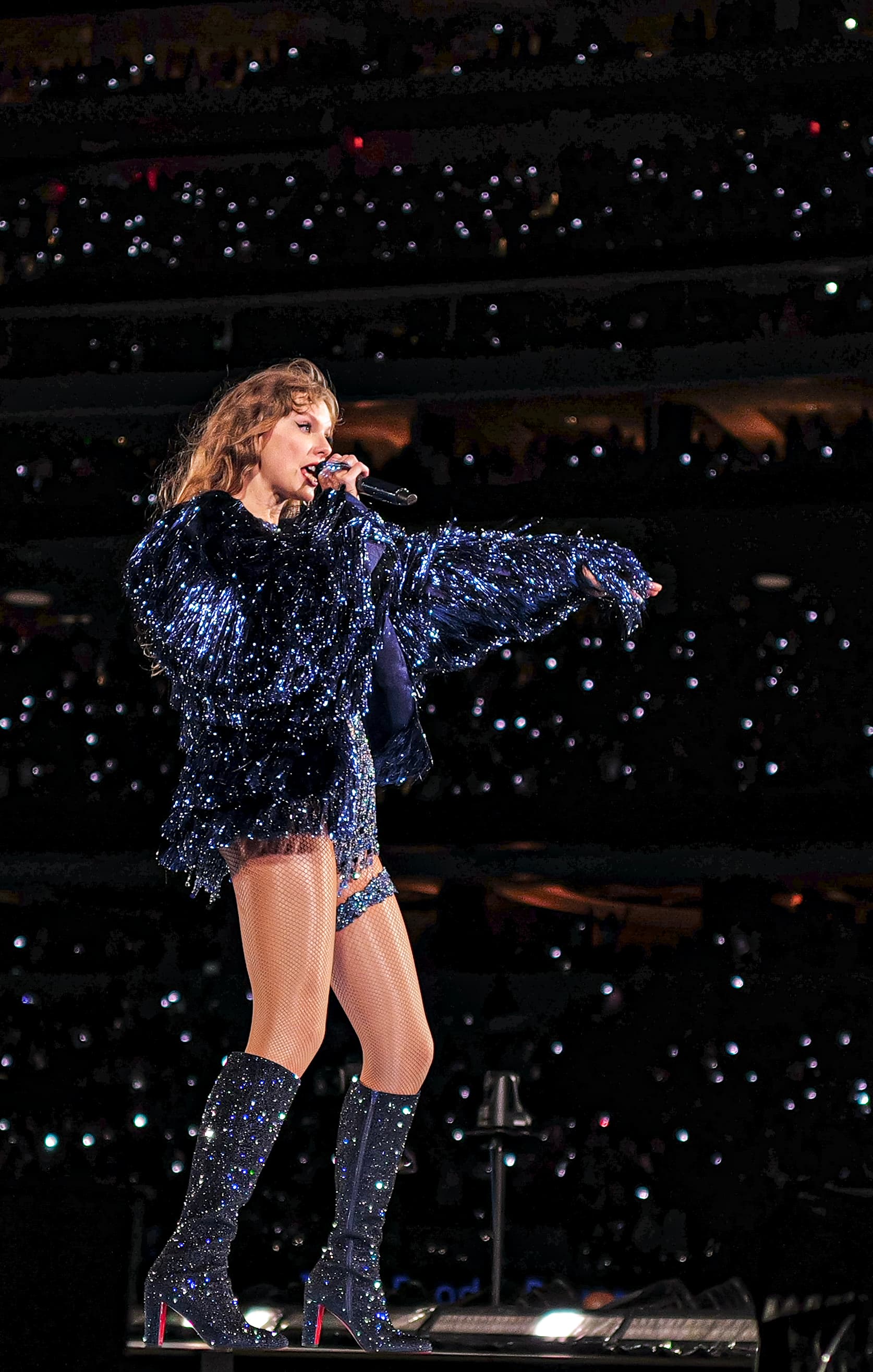 Taylor Swift performing Midnights-era set on the Eras Tour at SoFi Stadium, August 2023
