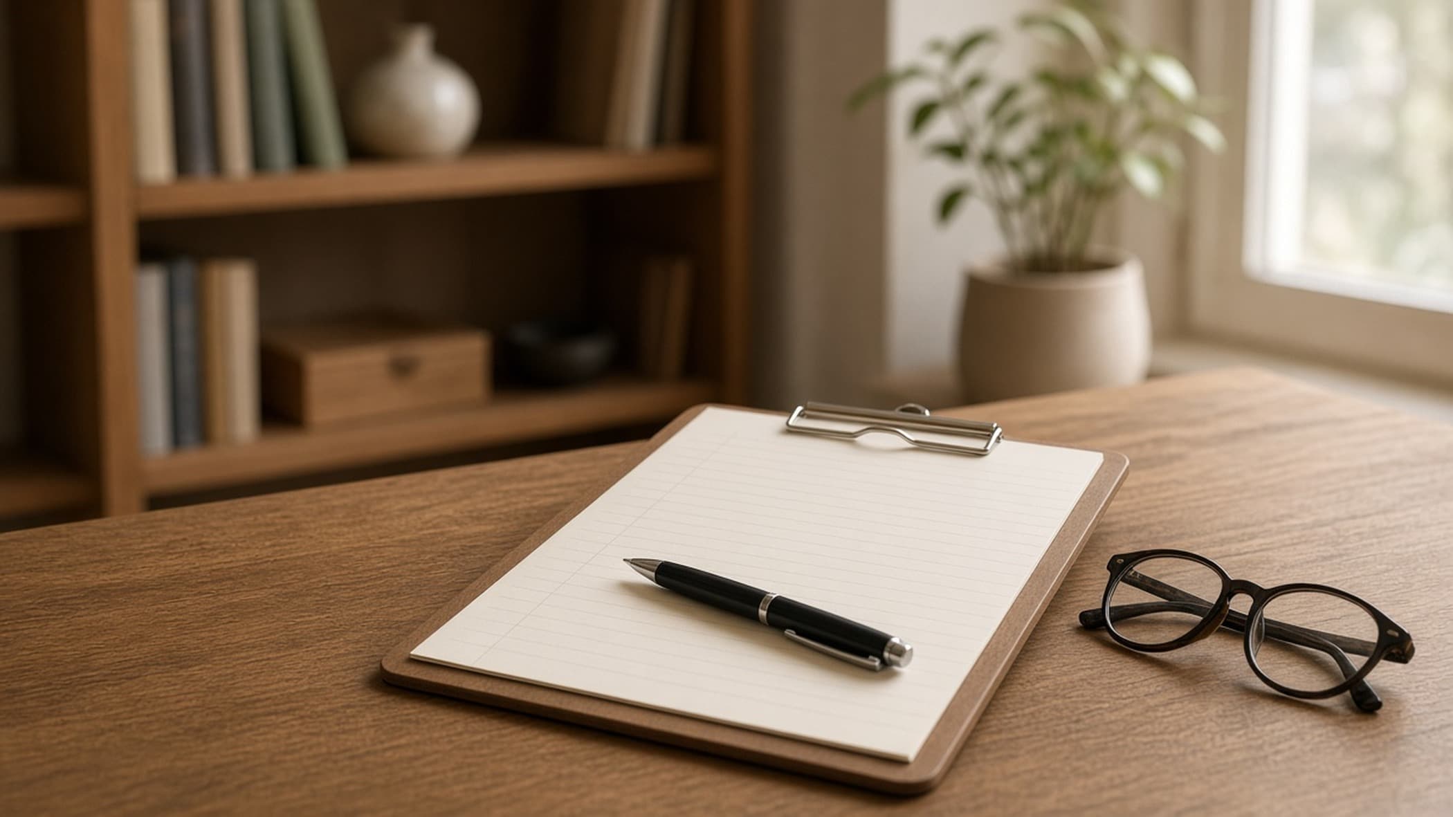 Therapist clipboard with blank intake notes and a pen on a sunlit wooden desk in a calm counseling office.