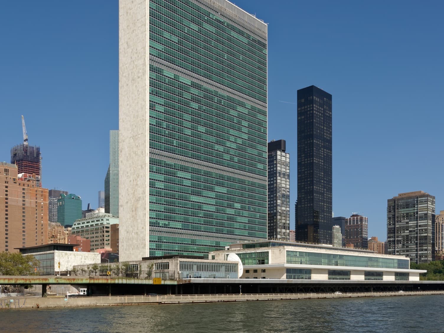 United Nations Headquarters and Secretariat Building on the East River in New York City