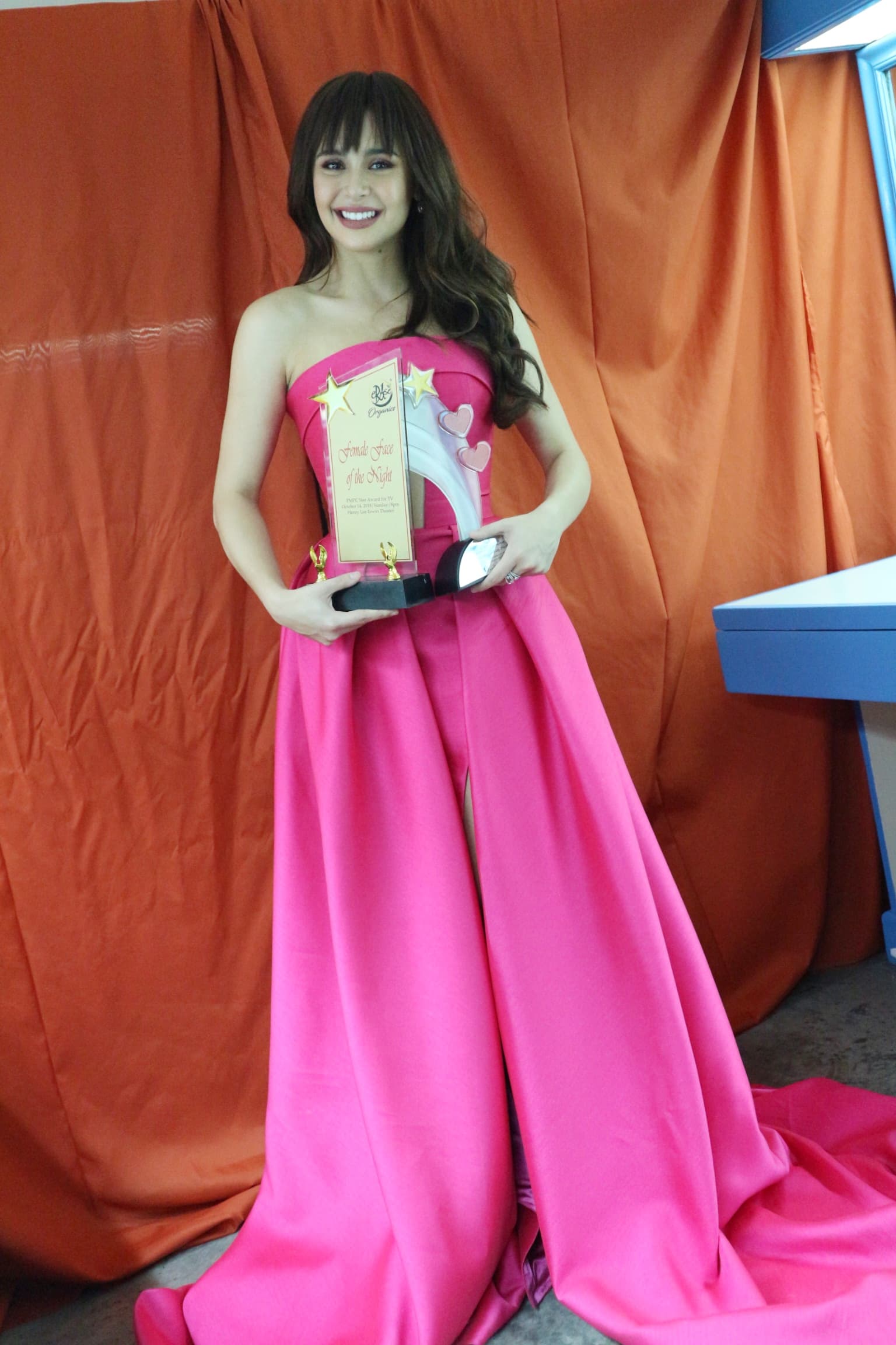 Filipino-British actress Yassi Pressman in a pink dress backstage at the 2018 PMPC Star Awards for Television